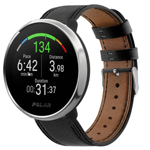 Modern Leather Strap, black, on a watch, 3/4 front view