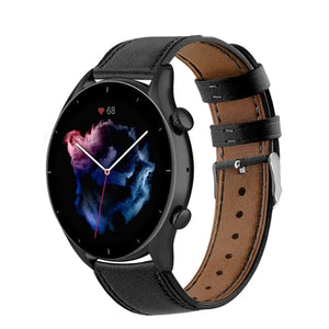 Modern Leather Strap, black, on a watch, 3/4 front view