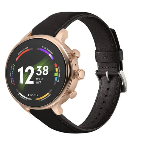 Leather Strap, black, on a watch, 3/4 front view