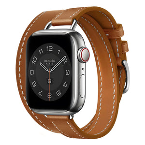 Leather Strap 'Double Tour', light brown, on a watch, 3/4 front view