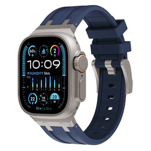 Luxury Liquid Silicone Strap, blue with titanium, on a watch, 3/4 front view