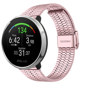 Fine Steel Strap, pink, on a watch, 3/4 front view