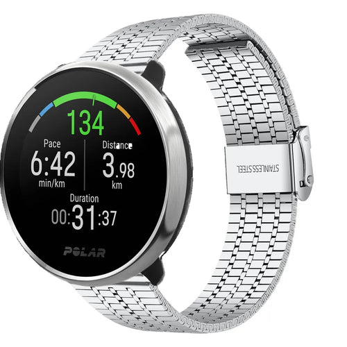 Fine Steel Strap, silver, on a watch, 3/4 front view