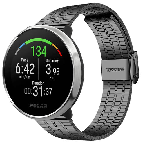 Fine Steel Strap, black, on a watch, 3/4 front view