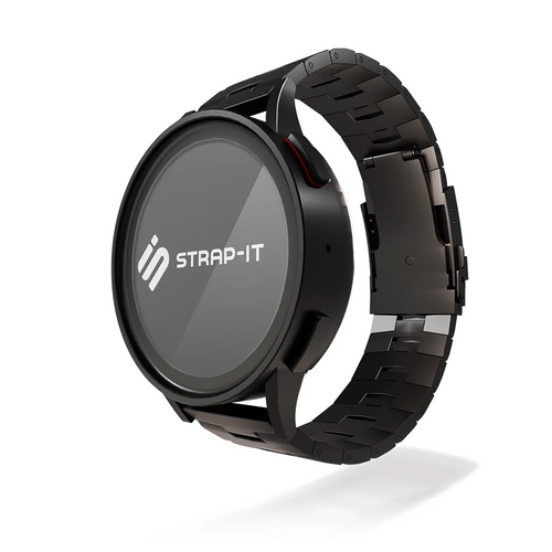 Titanium Grain Strap, black, on a watch, 3/4 front view