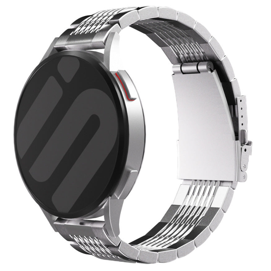 Luxury Steel Link Strap, silver, on a watch, 3/4 front view