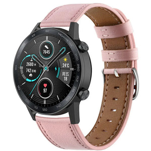 Modern Leather Strap, pink, on a watch, 3/4 front view