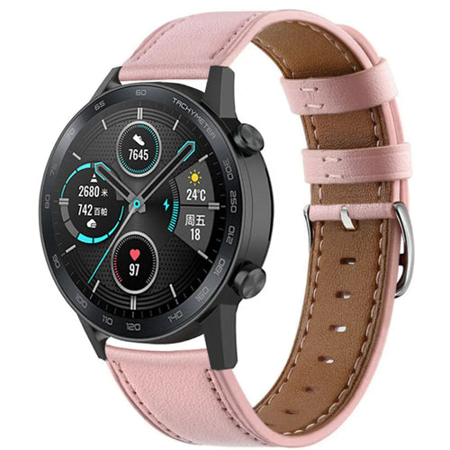 Modern Leather Strap, pink, on a watch, 3/4 front view
