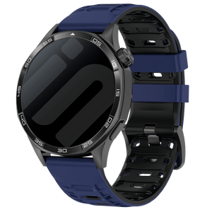 Silicone Mecha Sport Strap, dark blue/black, on a watch, 3/4 front view