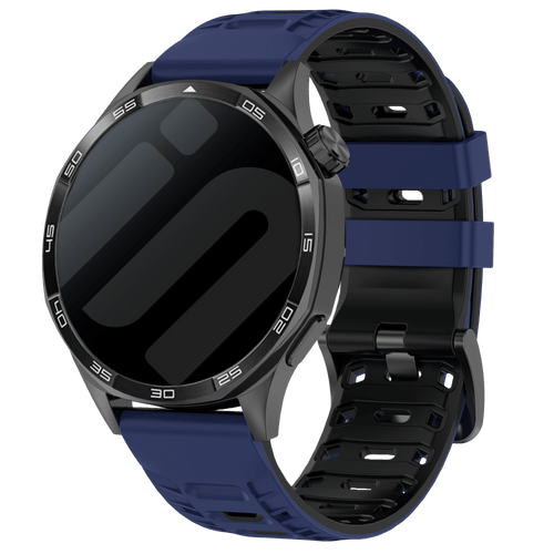 Silicone Mecha Sport Strap, dark blue/black, on a watch, 3/4 front view