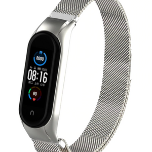 Milanese Strap, silver, on a watch, 3/4 front view