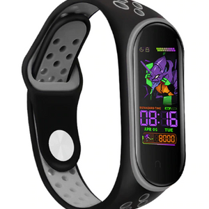 Silicone Sport Strap, black/grey, on a watch, 3/4 front view