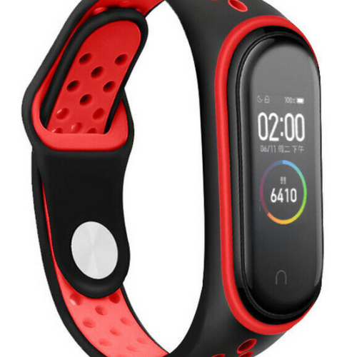 Silicone Sport Strap, black/red, on a watch, 3/4 front view