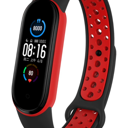 Silicone Sport Strap, black/red, on a watch, 3/4 front view