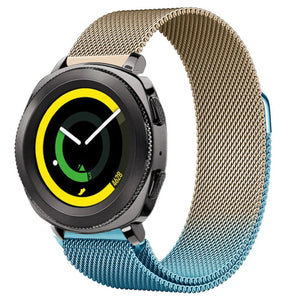 Milanese Strap, blue/gold, on a watch, 3/4 front view