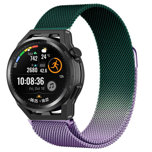 Milanese Strap, purple/green, on a watch, 3/4 front view