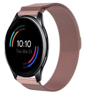 Milanese Strap, pink, on a watch, 3/4 front view