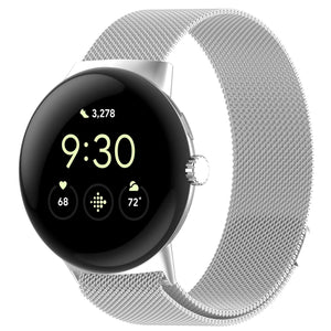 Milanese Strap, silver, on a watch, 3/4 front view