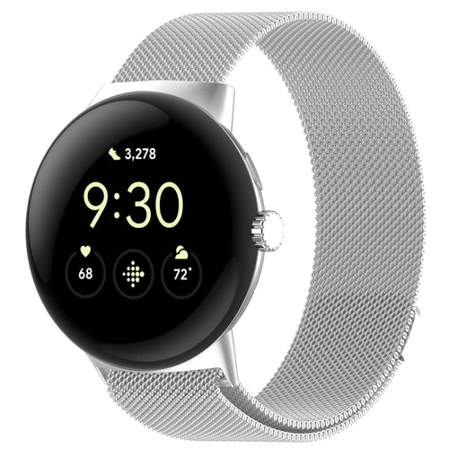 Milanese Strap, silver, on a watch, 3/4 front view