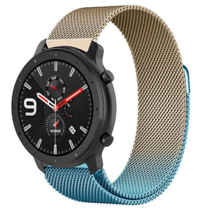 Milanese Strap, blue/gold, on a watch, 3/4 front view