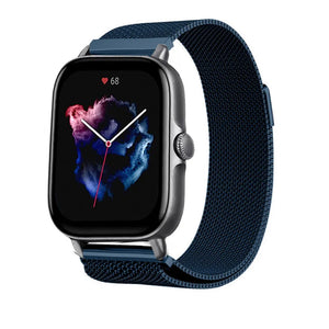 Milanese Strap, blue, on a watch, 3/4 front view