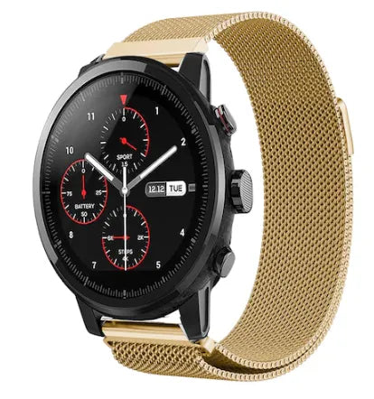 Milanese Strap, gold, on a watch, 3/4 front view