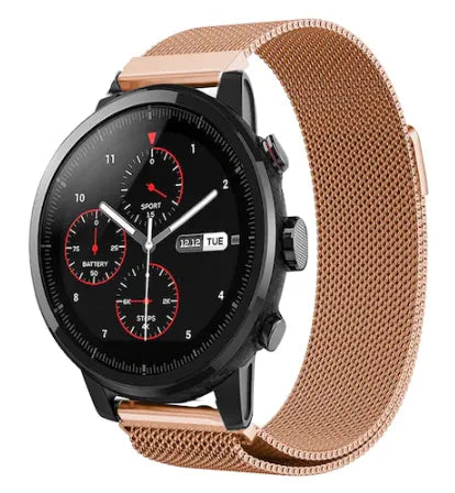 Milanese Strap, rose gold, on a watch, 3/4 front view