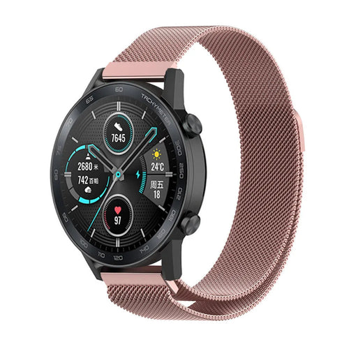 Milanese Strap, pink, on a watch, 3/4 front view