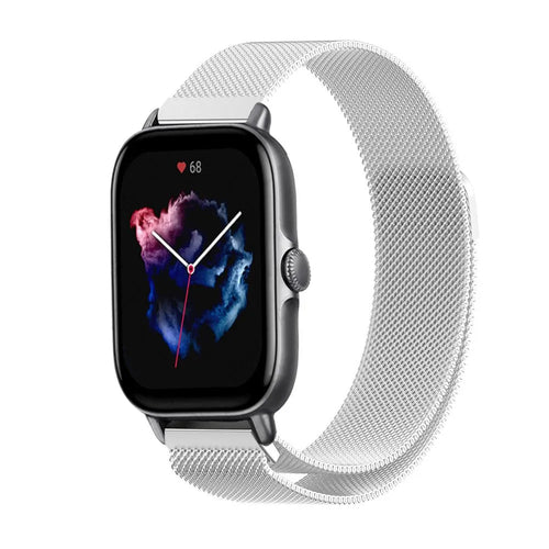 Milanese Strap, silver, on a watch, 3/4 front view