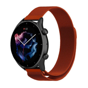 Milanese Strap, red, on a watch, 3/4 front view