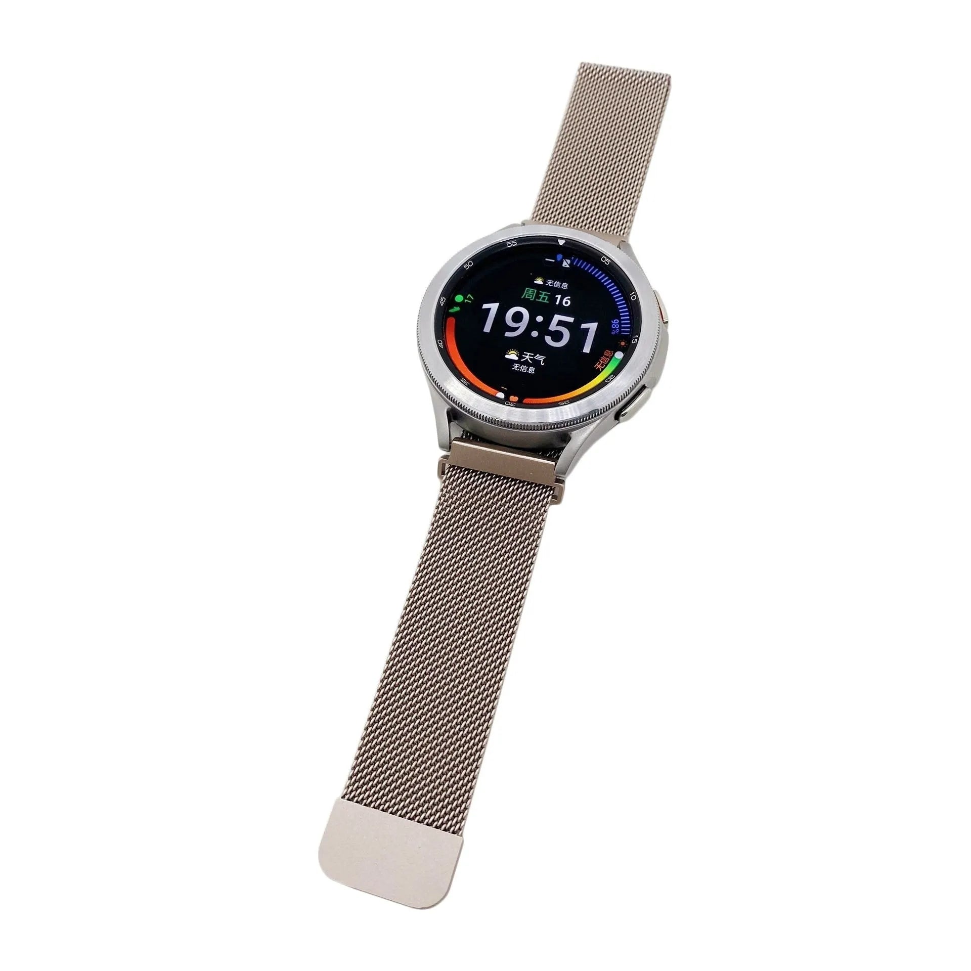 Milanese Strap, starlight, on a watch, 3/4 front view