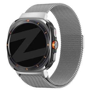 Milanese Loop Strap, silver, on a watch, 3/4 front view