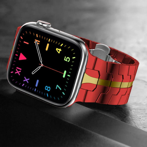 Steel Iron Strap, red, on a watch, 3/4 front view