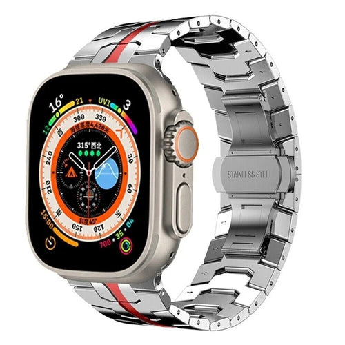 Steel Iron Strap, silver/red, on a watch, 3/4 front view