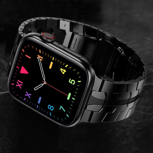 Steel Iron Strap, black, on a watch, 3/4 front view