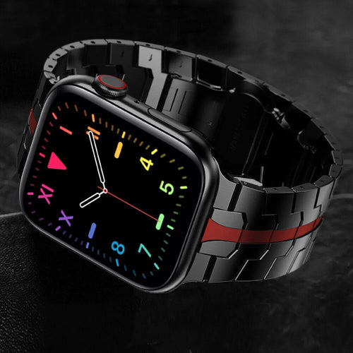 Steel Iron Strap, black/red, on a watch, 3/4 front view