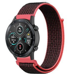 Nylon Strap, black/coral, on a watch, 3/4 front view