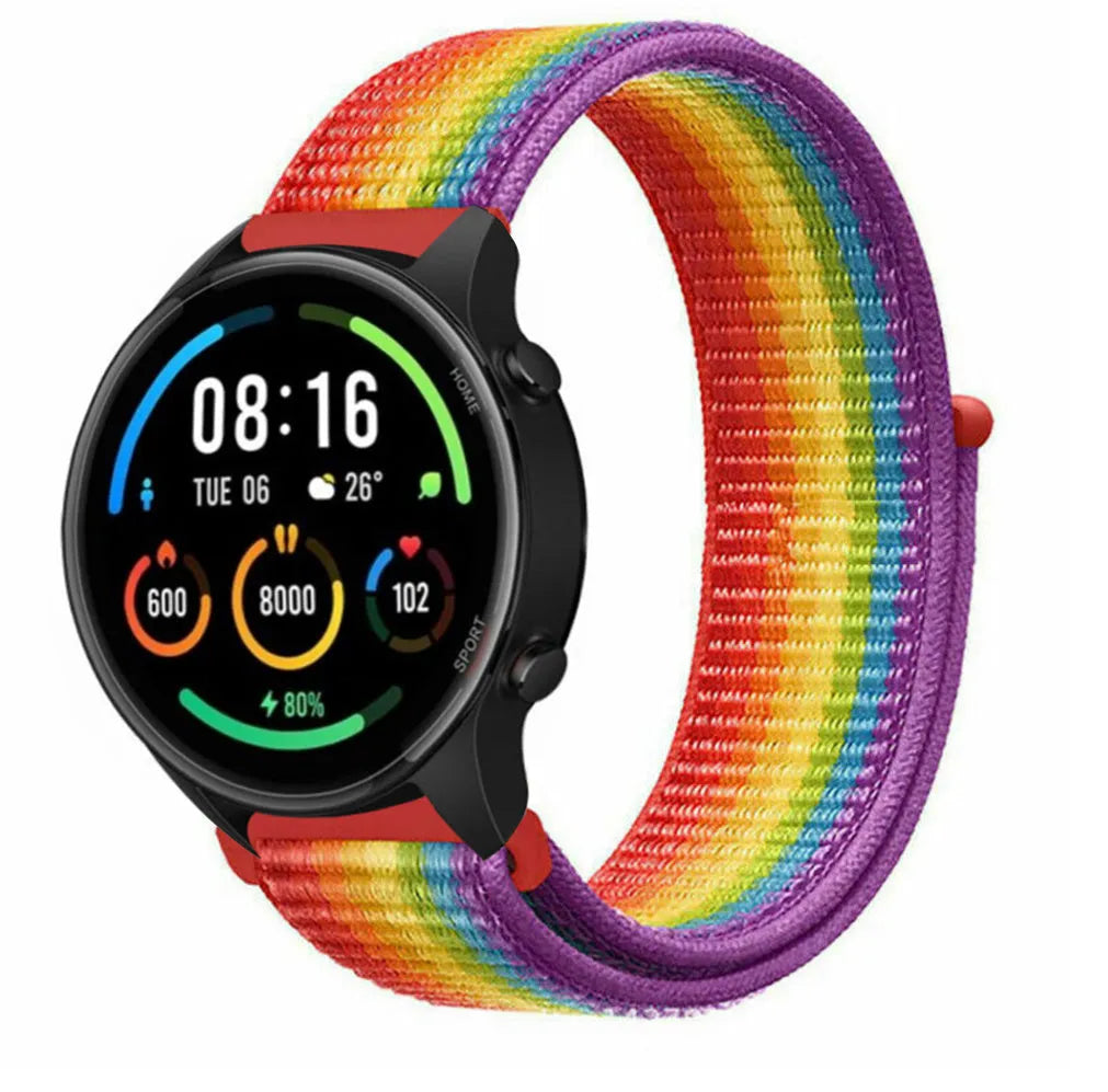 Nylon Strap, rainbow, on a watch, 3/4 front view