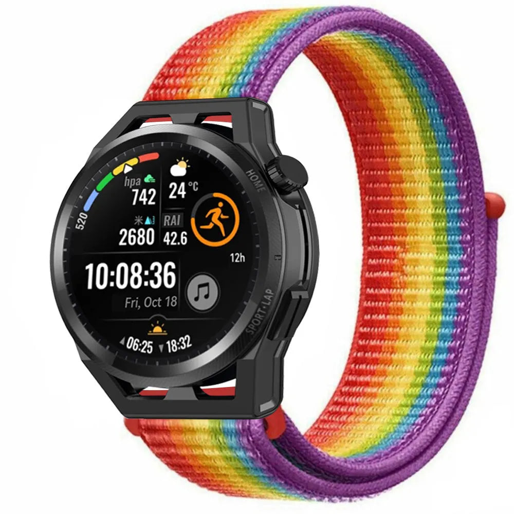 Nylon Strap, rainbow, on a watch, 3/4 front view