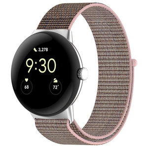 Nylon Strap, pink, on a watch, 3/4 front view