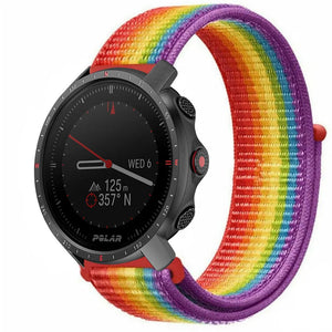 Nylon Strap, rainbow, on a watch, 3/4 front view