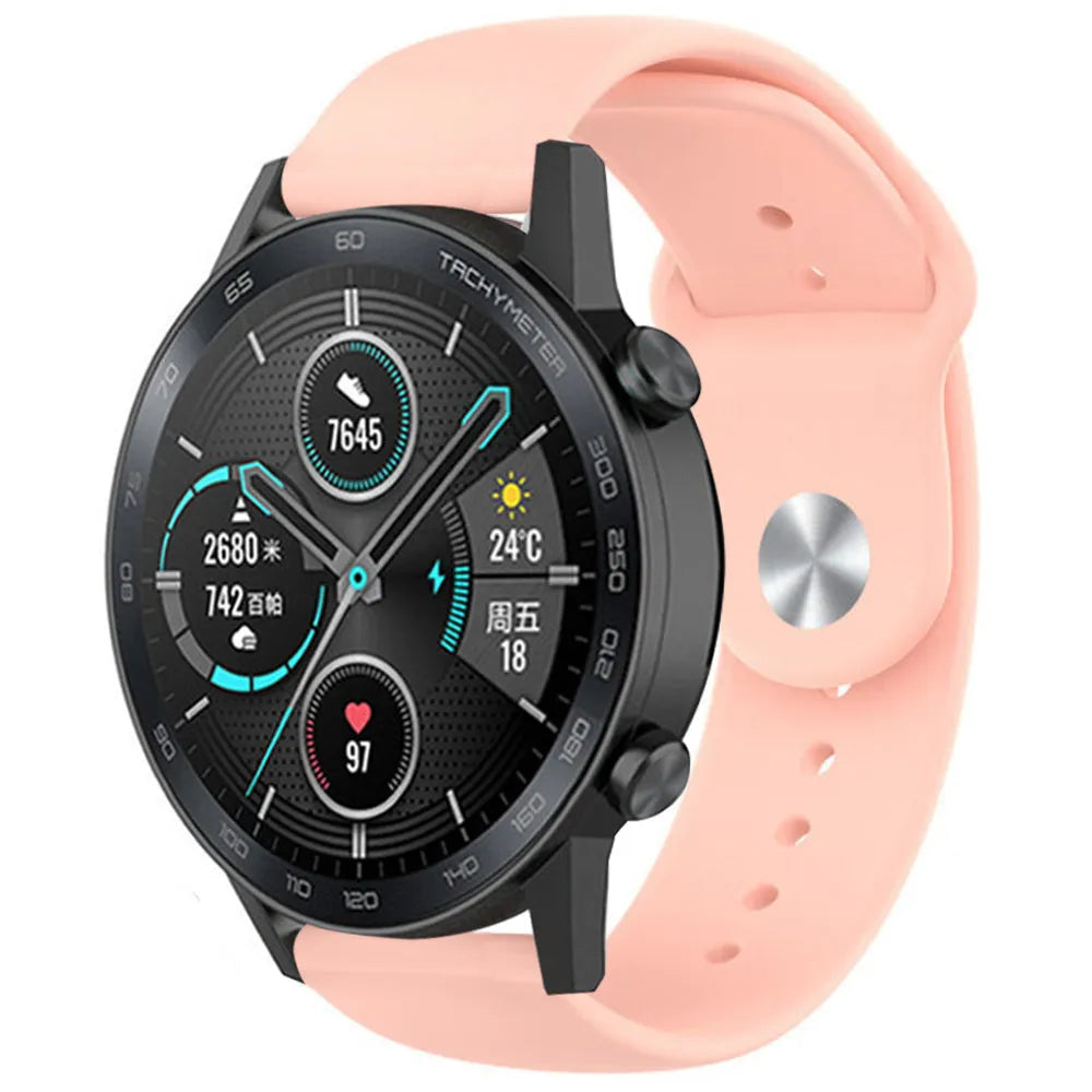 Silicone Sport Strap, pink, on a watch, 3/4 front view