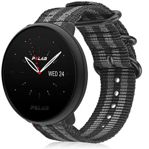 Nylon Buckle Strap, black/grey, on a watch, 3/4 front view