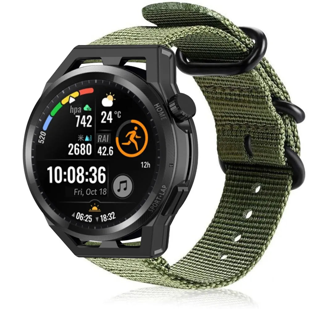 Nylon Buckle Strap, green, on a watch, 3/4 front view