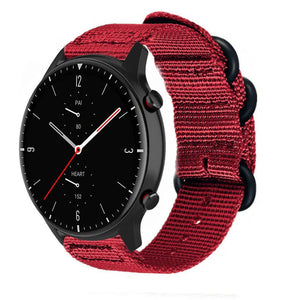 Nylon Buckle Strap, red, on a watch, 3/4 front view