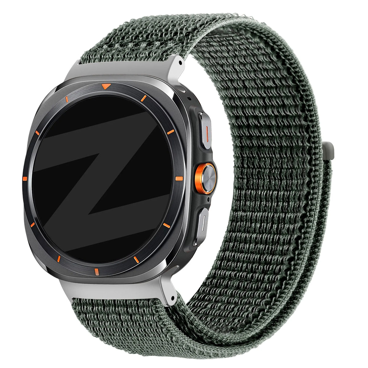 Nylon Loop Strap, grey-green, on a watch, 3/4 front view
