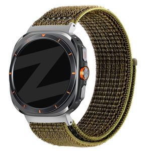Nylon Loop Strap, olive, on a watch, 3/4 front view
