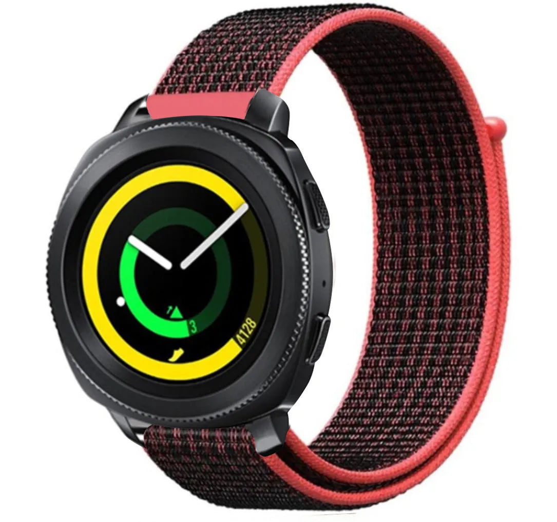 Nylon Strap, black/coral, on a watch, 3/4 front view
