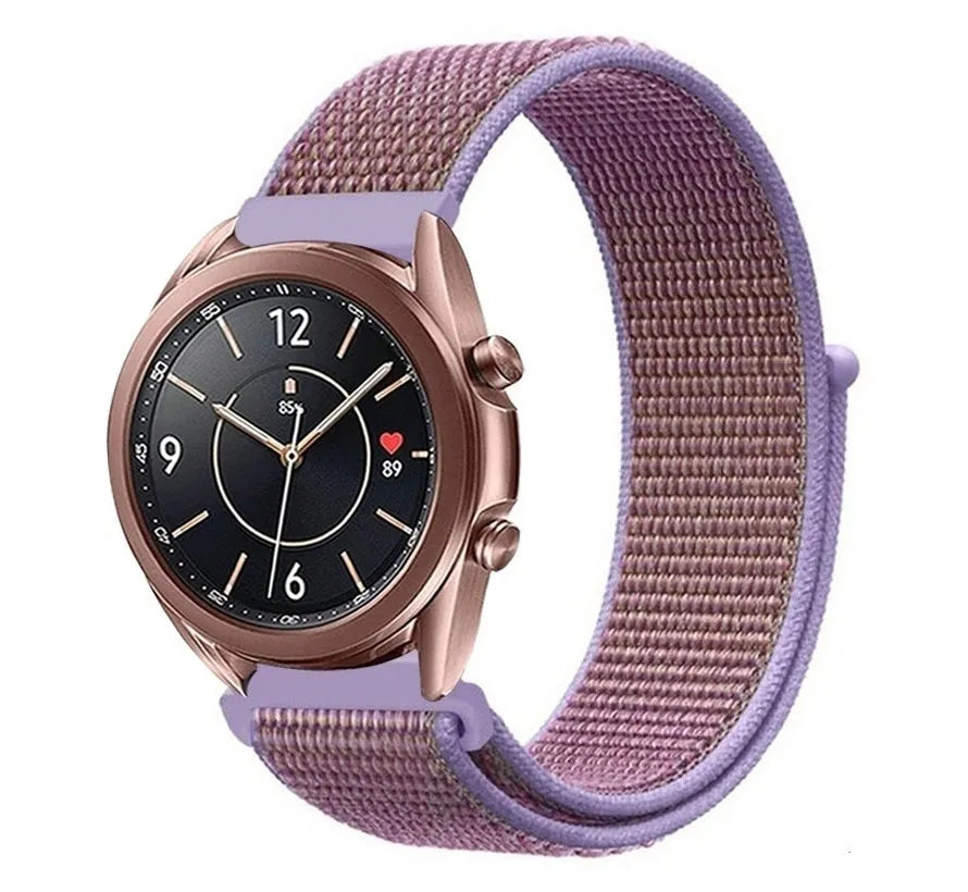 Nylon Strap, purple, on a watch, 3/4 front view