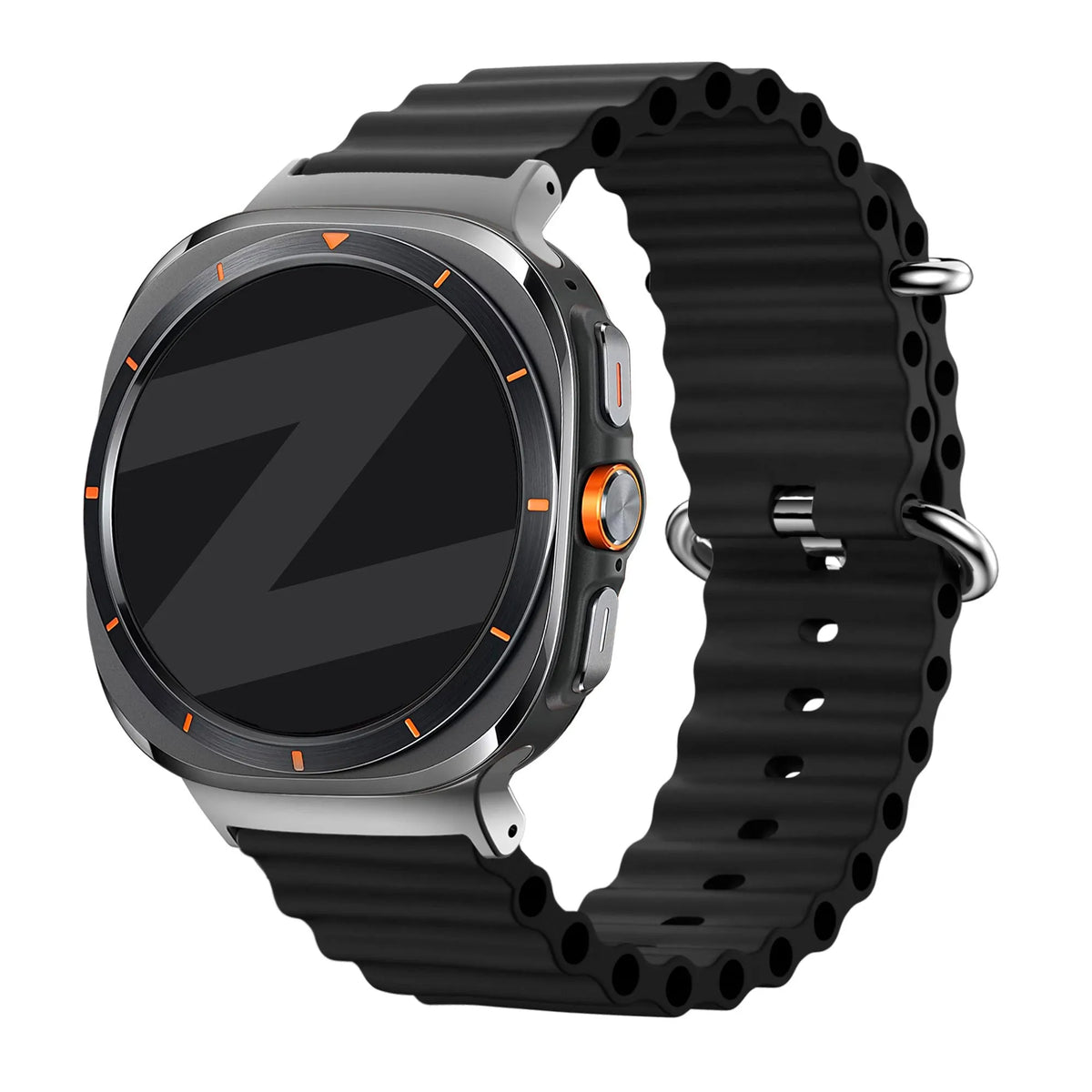 Silicone Ocean Strap 'Classic', black, on a watch, 3/4 front view